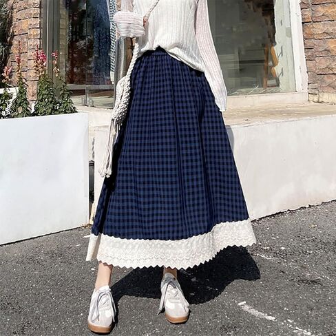 Gingham Long Skirts for Women Lace Lolita Maxi Plaid Skirt A Line High Waist Summer Casual Trendy Cute Skirts in Kuwait