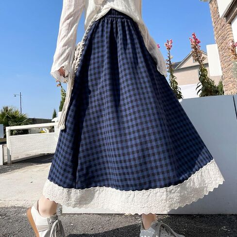 Gingham Long Skirts for Women Lace Lolita Maxi Plaid Skirt A Line High Waist Summer Casual Trendy Cute Skirts in Kuwait