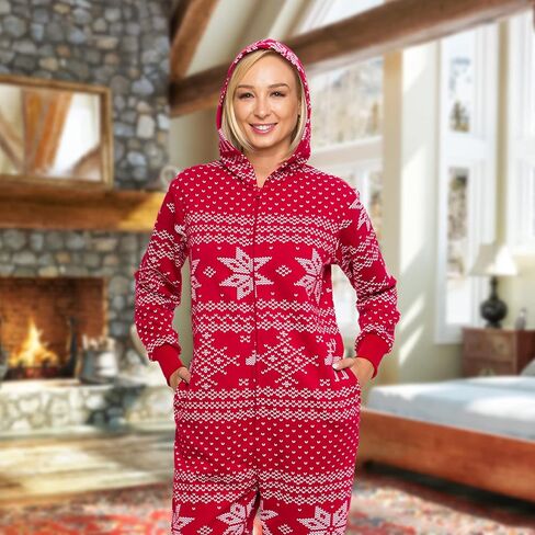 بيجامة صوف ندفة الثلج Fair Isle مقنعين مريح للبالغين، بذلة دافئة ناعمة قطعة واحدة PJs، بدلة الاتحاد، النساء FUNZIEZ! in Kuwait