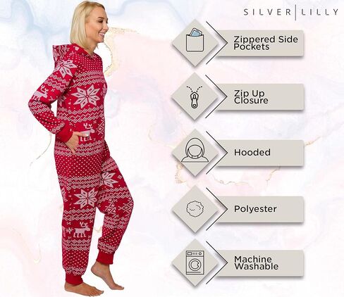 بيجامة صوف ندفة الثلج Fair Isle مقنعين مريح للبالغين، بذلة دافئة ناعمة قطعة واحدة PJs، بدلة الاتحاد، النساء FUNZIEZ! in Kuwait