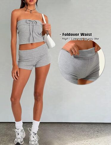 TZLDN 2 Piece Sets for Women Lounge Sets Outfits Going Out Y2k Fold Over Tube Top Bandeau Shorts Cute Casual Pajama Sets in Kuwait