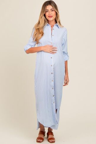 PinkBlush Light Striped Button Down Maternity Maxi Dress in Saudi Arabia