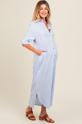 PinkBlush Light Striped Button Down Maternity Maxi Dress in Saudi Arabia