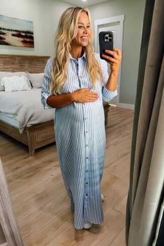PinkBlush Light Striped Button Down Maternity Maxi Dress in Saudi Arabia