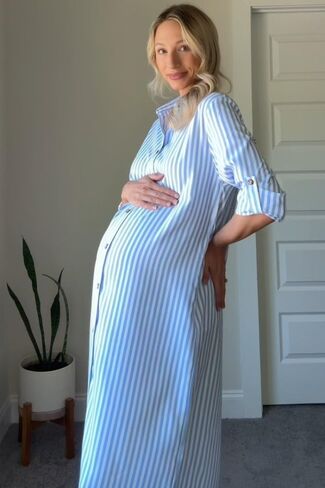 PinkBlush Light Striped Button Down Maternity Maxi Dress in Saudi Arabia