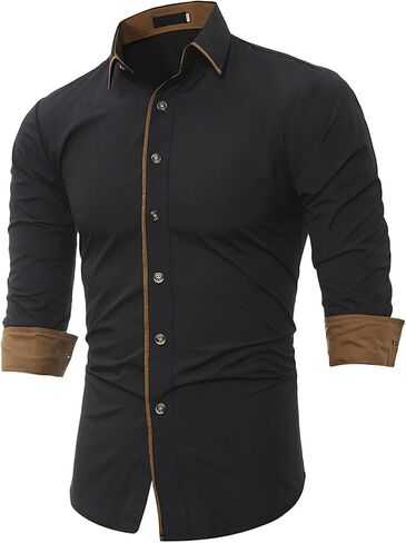 Men's Business Long Sleeve Dress Shirt Stylish Slim Fit Button Up Shirts Solid Lightweight Turn-Down Collar Shirt in Saudi Arabia
