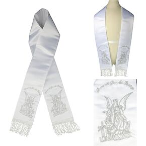 White Satin Stole Sash for Baptism Christening Embroidered Angel in Gold Silver