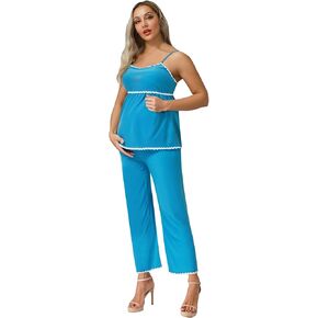 Women's Maternity Outfits Spaghetti Strap Cami Top with Wide Legs Pants Pajamas Sets