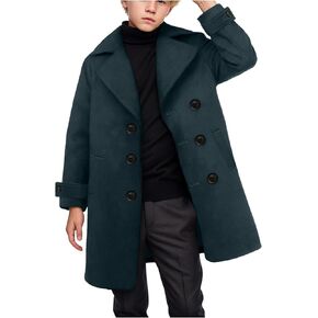 Boys Coat Elegant Notched Collar Double Breasted Wool Blend Over Pea Coat Casual Fleece Thicken Warm Trench Coat