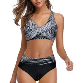 Women Polka Dots Swimwear Plus Size Push-up Beach Swimsuit Bikini High Waist Front Cross Lace Up Two Piece Bathing Suit