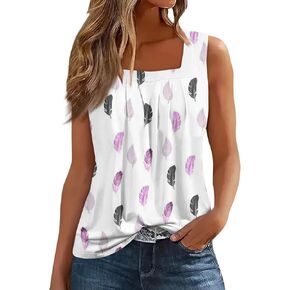 Womens Tank Tops Square Neck Printed T Shirts Pleated Sleeveless Casual Tunic Tops Going Out Fashion Tank Tops