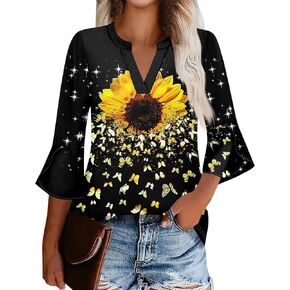 3/4 Length Sleeve Womens Tops V Neck Bell Sleeve Tees Floral Printed Pullover Summer Tunics Plus Size Loose Tops