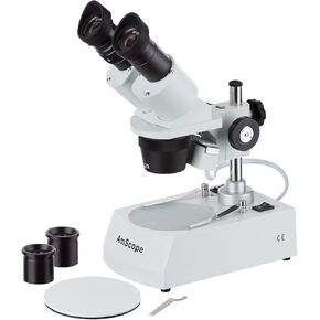 AmScope SE306R-PX Forward-Mounted Binocular Stereo Microscope, WF5x and WF10x Eyepieces, 10X/20X/40X Magnification, 2X and 4X Objectives, Upper and Lower Halogen Lighting, Reversible Black/White Stage Plate, Pillar Stand, 120V