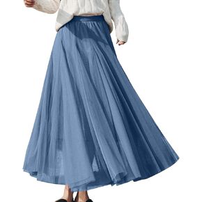 Womens Tulle Maxi Skirts Summer Party Solid Beach Elastic High Waist Pleated A-Line Flowy Swing Long Maxi Skirt
