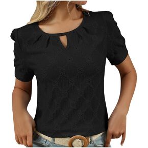Womens Summer Trendy Eyelet Tops Casual Cotton Keyhole Neck Short Sleeve Shirts Dressy Work Blouse Fashion Clothes