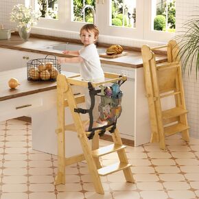 Amazer Foldable Step Stool for Toddlers Bamboo, Foldding Toddler Kitchen Stool Helper with 2 Adjustable Heights, Collapsible Step Stool for Kids with Stowable Safety Net, Ages 18 Months to 6 Years