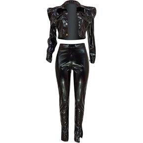 DGHM-JLMY Women Sexy Faux Leather 2 Pieces Outfits - Deep V Neck Long Sleeve Crop Jacket + High Waist Leather Legging Set