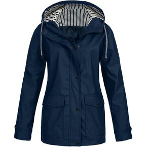 2023 Womens Fashion Hooded Rain Jacket Lightweight Trench Coat Long Sleeve Windbreaker Zip Up Drawstring Raincoat Pockets