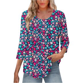 Spring Summer Clothes Womens 3/4 Sleeve Tunic Tops Casual Loose Fit Floral Blouses Ladies Blouse Tees Tshirts Tees