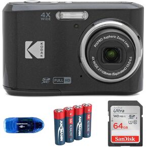 تشمل حزمة الكاميرا الرقمية Kodak Pixpro FZ45: بطاقة ذاكرة Sandisk 64GB SDXC وبطاريات احتياطية وقارئ البطاقات (4 عناصر) (أسود)