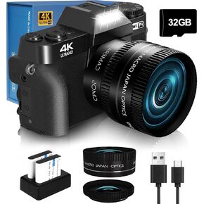 4K 56MP Digital Camera for Photography NIKICAM Vlogging Camera for YouTube with 180° Flip Screen, WiFi,16X Digital Zoom, 52mm Lens, 2 Batteries, 32GB Micro SD Card(Black)