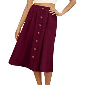 Womens A Line Midi Skirt Vintage Front Button Swing Skirts Summer High Waisted Pleated Midi Skirt with Pockets