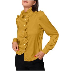 HGPS8W القمصان الساتان الكشكش للنساء الأنيق الأكمام الطويلة الطويلة قفص قفص تروق الزر لأسفل TUNIC TUNIC TUPS