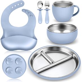 Stainless Steel Toddler Plates & Bowls Set with Silicone | 6-Piece Baby Feeding Essentials BPA-Free Durable Divided Suction Plate, Bowls, Cups, Bibs, Spoon & Fork for 6+ Months Dishwasher Safe