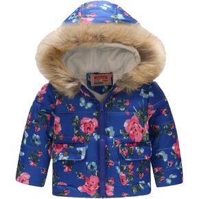 Toddler Girls 𝖥𝗎𝗋 Collar Puffer Coats Baby Infant Flower Full Print Windproof Thick Zipper Down Jacket Kids Outerwear