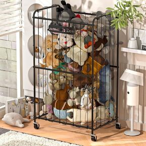 210L Stuffed Animal Organizer Plush Toy Storage Organizer Toy Storage Basket, Kids Toy Storage Bins with Wheels, Metal Frame and Elastic Cord Design, Suitable for Storage of Any Stuff, Black