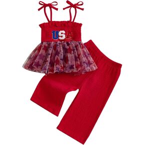 Kayotuas 4th of July Toddler Girl Outfit Usa Smocked Spaghetti Strap Tank Top Dress Wide Leg Pants Red White And Blue Outfits