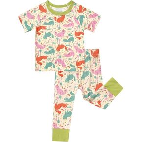 Teach Leanbh Toddler Unisex Baby Bamboo Viscose Pajamas Set Short Sleeve Shirt Long Pants Printing Snug Fit Sleepwear Pjs