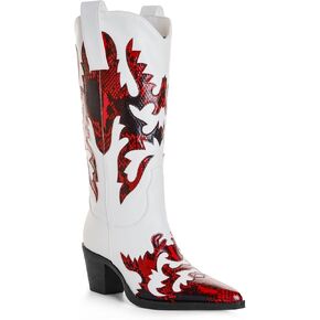 ANN CREEK Womens Cowboy Boots Pull on Cowgirl Boots for Women Mid Calf Two Tones Knee High Western Boots Dressy Pointed Toe Chunky Heel Patchwork Design