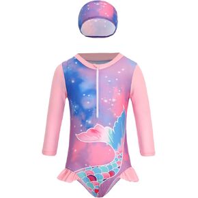 Baby Girls Swimsuit Toddler Summer One Piece Rash Guard Long Sleeve Zipper Bathing Suit with Swim Hat