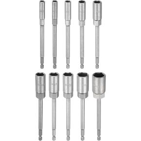 HARFINGTON 10pcs Nut Driver Drill Bit 6-19mm Metric Impact Socket 1/4" Hex Shank 6" (150mm) Extra Long 6-Point Sockets Quick-Change CR-V Steel Bolt Setter for Power Drill Drivers