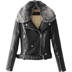 DGHM-JLMY Women's Short Belt Fur Collar Pu Leather Plus Velvet Coat Faux Fur Collar leather Fleece Lined Warm Moto Jacket