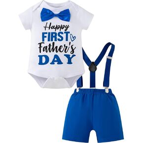 Baby Boy Happy First Father's Day Romper Outfit Shorts Set Bow Tie Suspenders Set