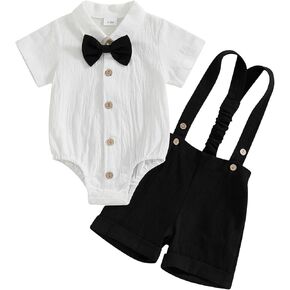 GOOCHEER Newborn Baby Boy Gentleman Outfit Suit Short Sleeve Bowtie Romper Jumpsuit Suspender Shorts Set Summer Dress Clothes