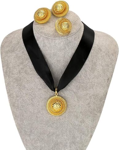 Sajayea Ethiopian Jewelry for Women Sets Gold Big Pendant Earrings Ring Headchain African Habesha Wedding Bride Gifts in Saudi Arabia