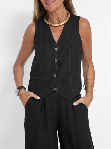 Women's Sleeveless Linen Outfit, Cotton Linen Button Down Sleeveless, Casual Vest Wide Leg Trousers Suit Business Suit in Saudi Arabia