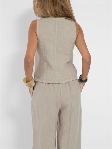 Women's Sleeveless Linen Outfit, Cotton Linen Button Down Sleeveless, Casual Vest Wide Leg Trousers Suit Business Suit in Saudi Arabia