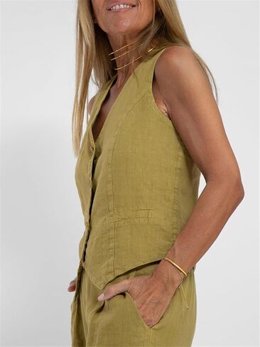 Women's Sleeveless Linen Outfit, Cotton Linen Button Down Sleeveless, Casual Vest Wide Leg Trousers Suit Business Suit in Saudi Arabia