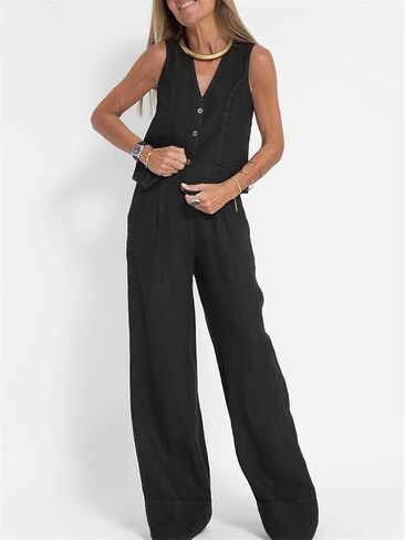 Women's Sleeveless Linen Outfit, Cotton Linen Button Down Sleeveless, Casual Vest Wide Leg Trousers Suit Business Suit in Saudi Arabia