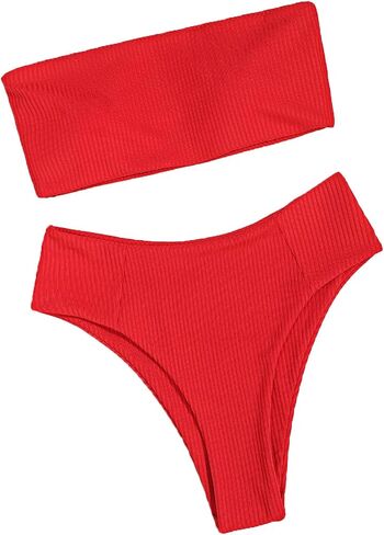 JEsilunmaMY Strapless Bikini Sets for Women Solid Color High Waist Bandeau Swimsuits 2 Piece Wrap Ribbed Bathing Suit in Saudi Arabia