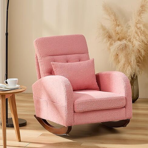 Rocking Chair Nursery, Upholstered Comfortable Nursery Rocking Chair, High Back Living Room Chair with Side Pocket & Rubber Wood Legs, Ideal for Bedroom & Baby Nursery (Pink) in Saudi Arabia