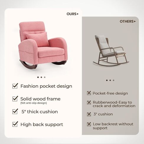 Rocking Chair Nursery, Upholstered Comfortable Nursery Rocking Chair, High Back Living Room Chair with Side Pocket & Rubber Wood Legs, Ideal for Bedroom & Baby Nursery (Pink) in Saudi Arabia
