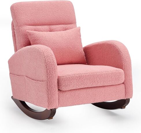 Rocking Chair Nursery, Upholstered Comfortable Nursery Rocking Chair, High Back Living Room Chair with Side Pocket & Rubber Wood Legs, Ideal for Bedroom & Baby Nursery (Pink) in Saudi Arabia