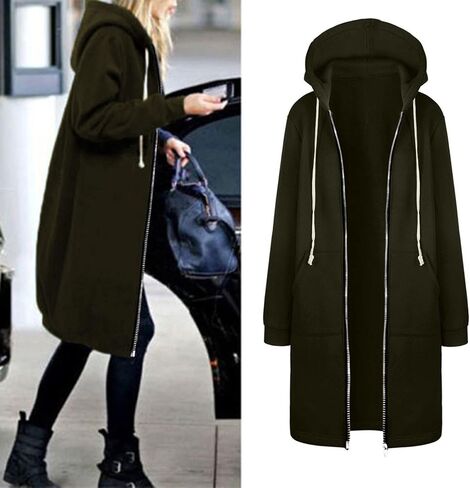 Muyise Women's Casual Zip Up Long Hoodies Tunic Sweatshirt Winter Warm Long Sleeve Hooded Outerwear Jacket Coat with Pockets in Saudi Arabia