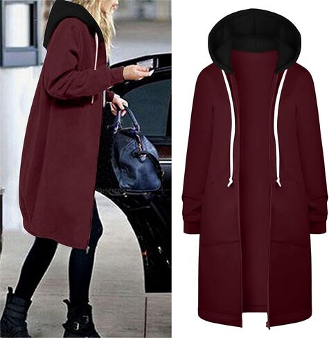 Muyise Women's Casual Zip Up Long Hoodies Tunic Sweatshirt Winter Warm Long Sleeve Hooded Outerwear Jacket Coat with Pockets in Saudi Arabia