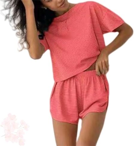 Womens Pajama Short Sleeve Lounge Sets 2 Piece Split Striped Pjs Tops and Shorts Outfits Matching Loungewear in Saudi Arabia